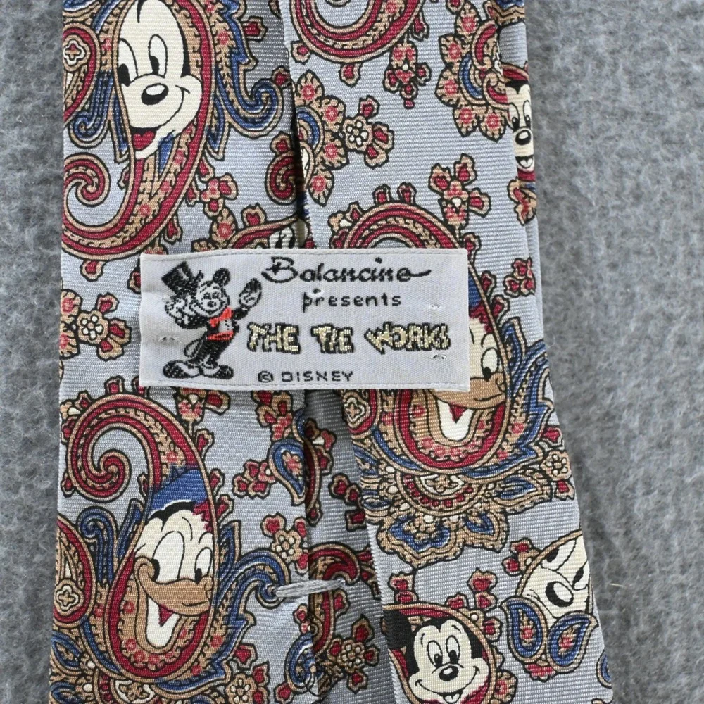 Balancine Disney Vintage 90s Mickey Donald Paisley Silk Necktie OS Gray